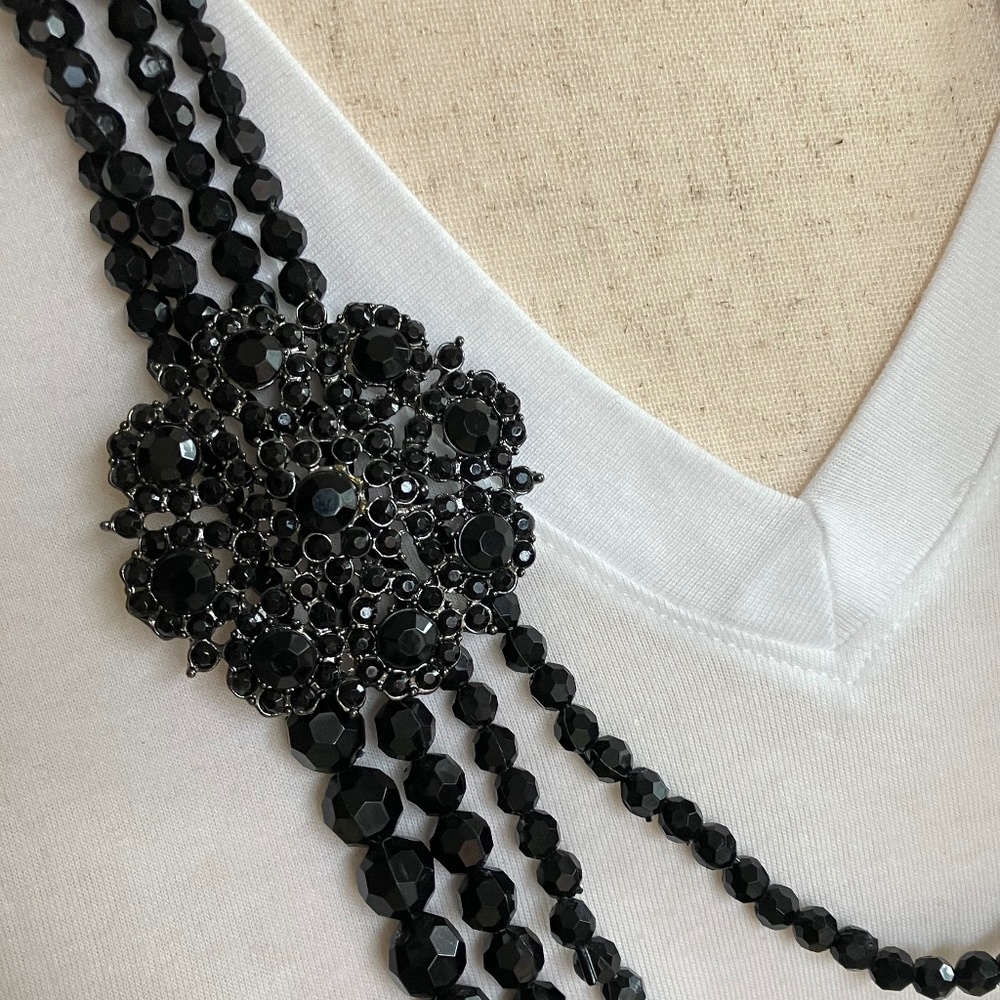 Black Beaded Necklace - 34.5" Long Multi-strand Brooch Necklace - Picture 2 of 3